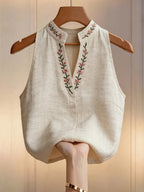 Women's Floral Embroidered Stand Collar Sleeveless Blouse, Embroidered Top, Elegant Summer Outfit, Office and Commuting Attire, Pretty Blouse, Casual Elegance, Shirt - Apricot