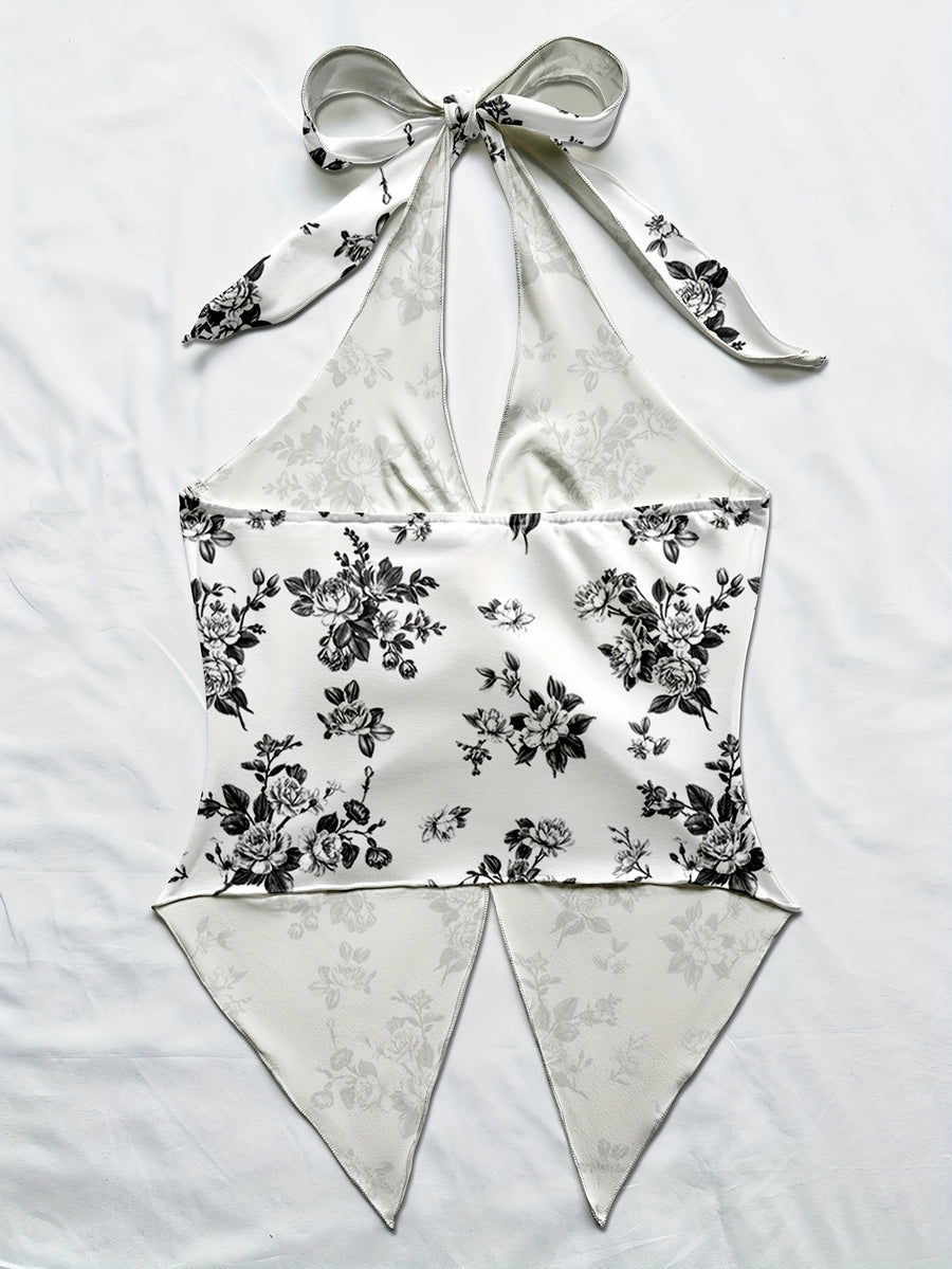Women'S Spring/Summer Fall Boho Beach Vacation Outfits Marine Floral Leopard Print Trim Bustier Slim Fit Camisole Halter Top, Y2K Vintage Concert Outfit - Grey
