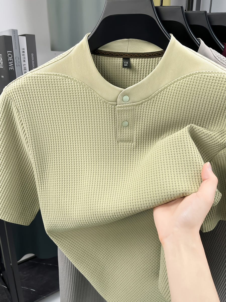 New Summer Style Men's Short-Sleeve Polo T-Shirt with Small V-Neck and Two-Button Placket, Fashionable and Versatile Sporty Casual Men's Apparel, Skin-Friendly, Comfortable, Stylish, Slimming, and Breathable, HF66180 - Green