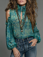 Bohemian Vintage Print Chiffon Top for Women, High Neck Keyhole Off-Shoulder Ruffle Lantern Sleeve Loose Fit Elegant Shirt - Peacock Blue