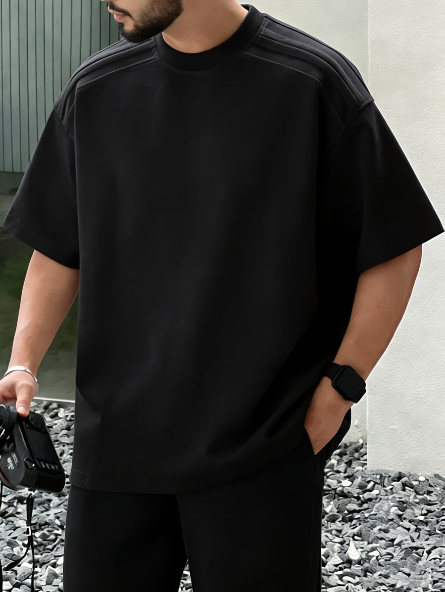 Men's Casual T-Shirt for Spring/Summer with 3D Shoulder Patchwork, Heavyweight Premium Feel Short Sleeve Crew Neck Pullover T-Shirt, Simple Streetwear Fashion Top, In Stock - Black