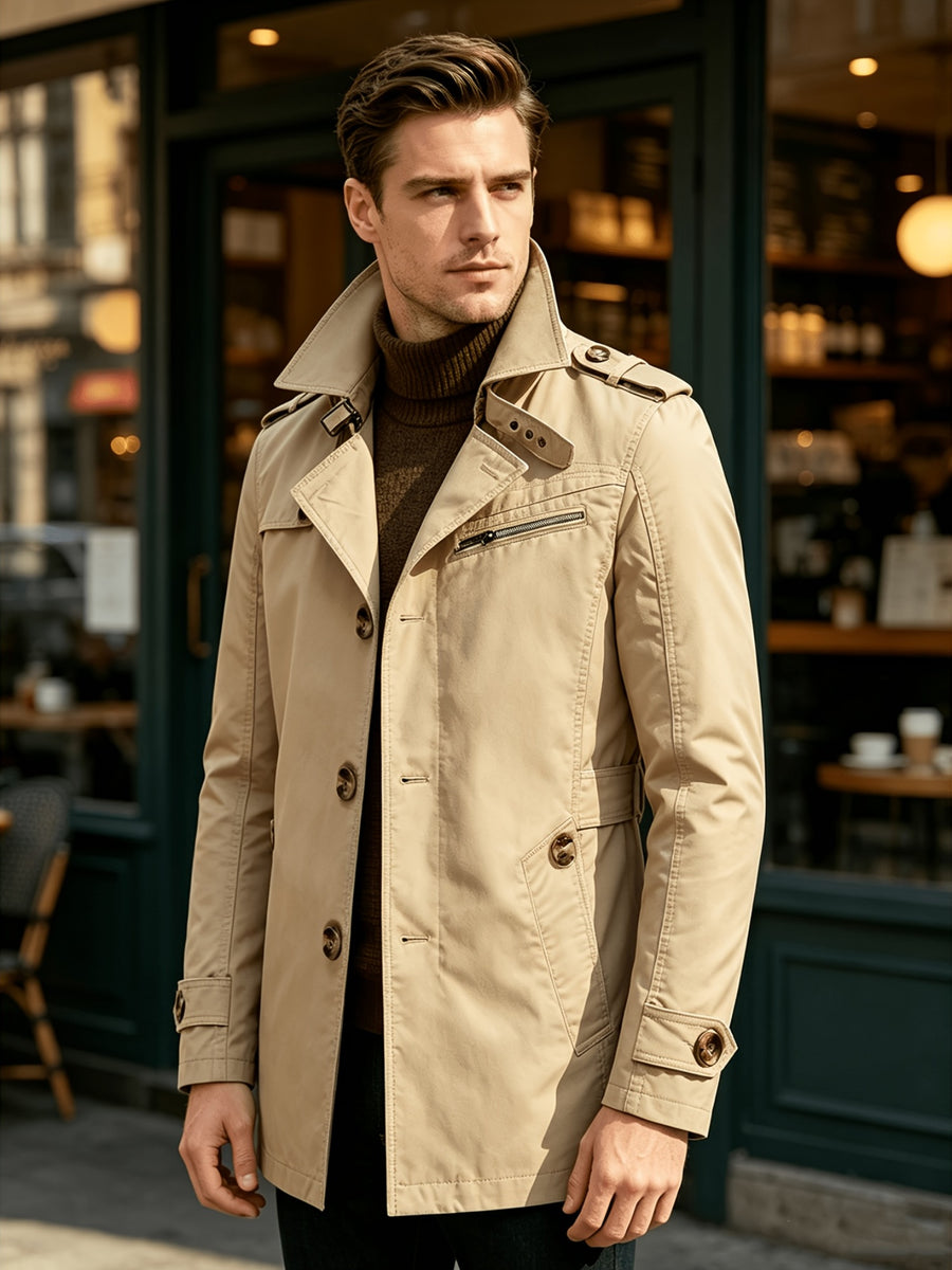 Men'S Lapel Mid-Length Casual Trench Coat, Single-Breasted Utility Style Jacket, with Epaulettes, Metal Buttons, Zipper-Decorated Pocket, Spring/Autumn Casual Outerwear, Suitable for Office And Daily Commute, Men'S Business Coat - Off-white