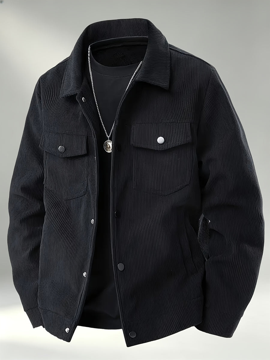 Men'S Trendy Corduroy Lapel Cargo Jacket Solid Vertical Texture Casual Long Sleeve Jacket Commuter Top - Black