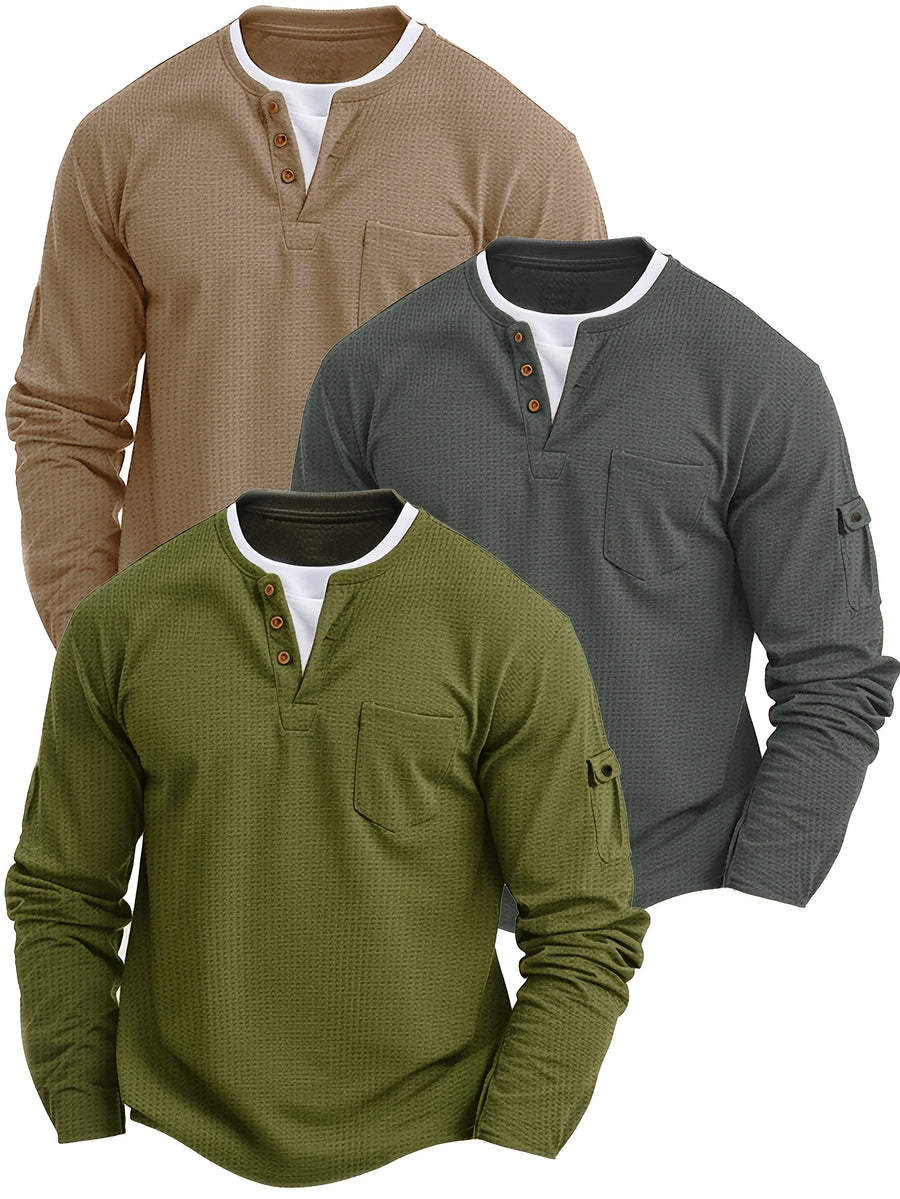 3pcs Men'S Spring Autumn New Waffle Check Fake Two-Piece Round Neck Long Sleeve Shirt Easy Armbag Design Fashion Trendy Convenient Daily Commuting Sports Fitness Wear - Khaki+Gray+Green