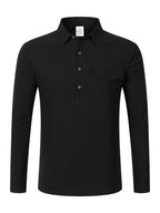 Autumn Men's Polo Shirt, Half-Button Henry Collar Long Sleeve Top with Simple Chest Pocket, Suitable for Business, Office, and Daily Wear - Black