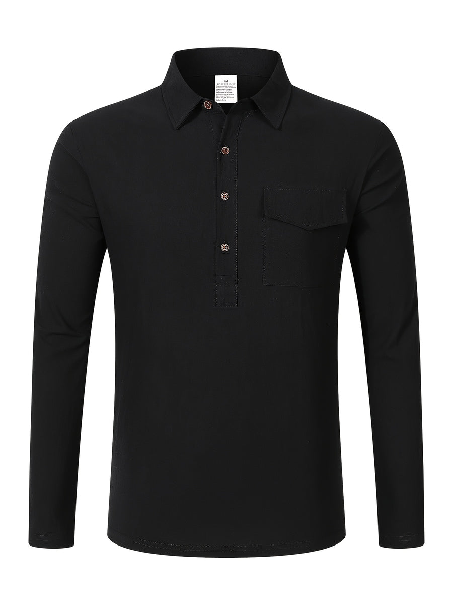 Autumn Men's Polo Shirt, Half-Button Henry Collar Long Sleeve Top with Simple Chest Pocket, Suitable for Business, Office, and Daily Wear - Black