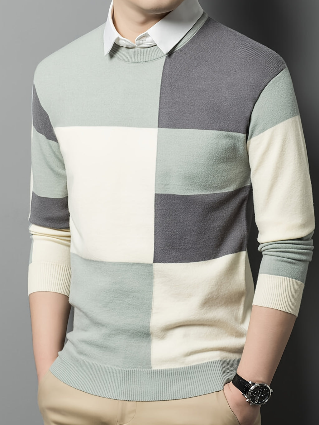 Men's Color-Blocked Checkered 2-in-1 Look Crewneck Knit Sweater, Eliminating the Need for an Inner Shirt, Creating a Visually Layered Look with a Light Business Vibe - SINBOS - Green