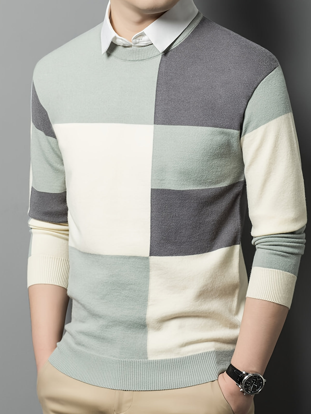 Men's Color-Blocked Checkered 2-in-1 Look Crewneck Knit Sweater, Eliminating the Need for an Inner Shirt, Creating a Visually Layered Look with a Light Business Vibe - SINBOS - Green