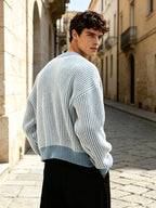 Men's Blue and White Vertical Stripe V-Neck Knit Cardigan, Loose Drop-Shoulder Button-Up Cropped Knit Outerwear, Autumn/Winter Warm Casual Jacket, Street Style, Daily Commute, Dating, Travel, Layering Fashion Knitwear - Light Blue