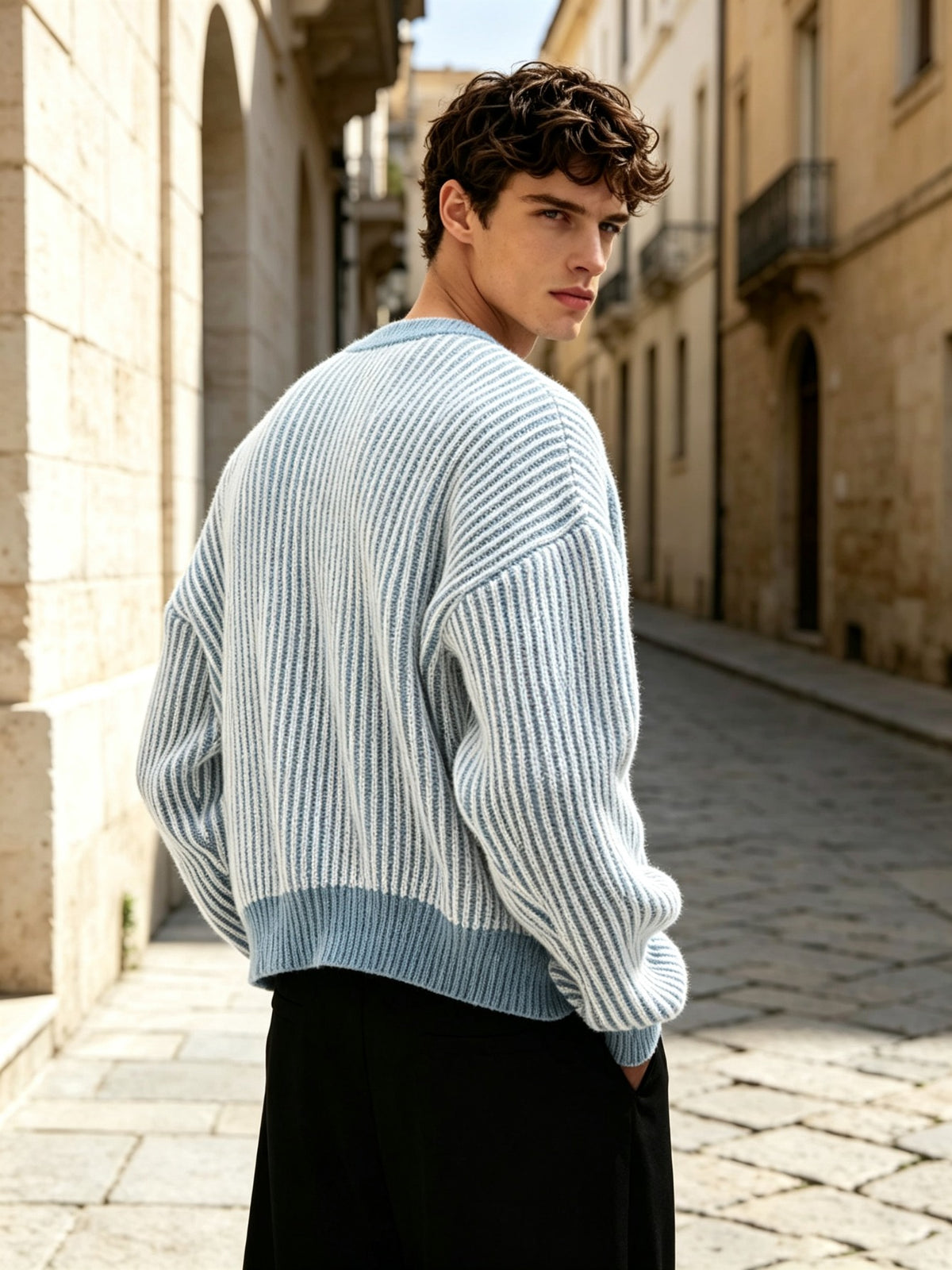 Men's Blue and White Vertical Stripe V-Neck Knit Cardigan, Loose Drop-Shoulder Button-Up Cropped Knit Outerwear, Autumn/Winter Warm Casual Jacket, Street Style, Daily Commute, Dating, Travel, Layering Fashion Knitwear - Light Blue