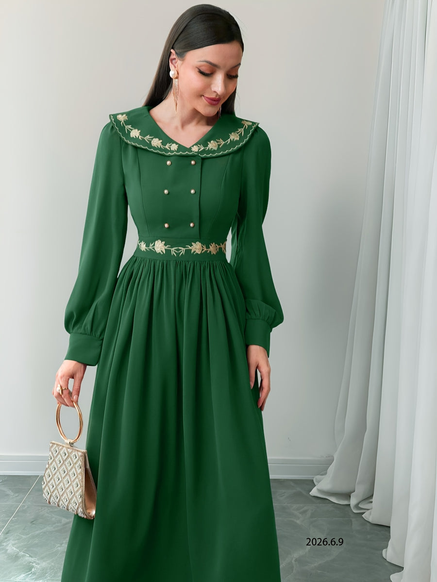Vintage Lapel Heavy Craft Embroidered Long Sleeve Dress - Dark Green