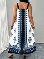 Plus Size - Plus Size - Large Size Women'S Fashionable Geometric Print Sleeveless Loose Long Suspender Dress - Royal Blue