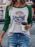 Brooklyn Vintage Pattern Design European and American Style Women's Daily Versatile Comfortable Casual Color-Blocked Crew Neck Raglan Long Sleeve T-Shirt - Light Gray Green