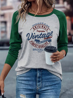 Brooklyn Vintage Pattern Design European and American Style Women's Daily Versatile Comfortable Casual Color-Blocked Crew Neck Raglan Long Sleeve T-Shirt - Light Gray Green
