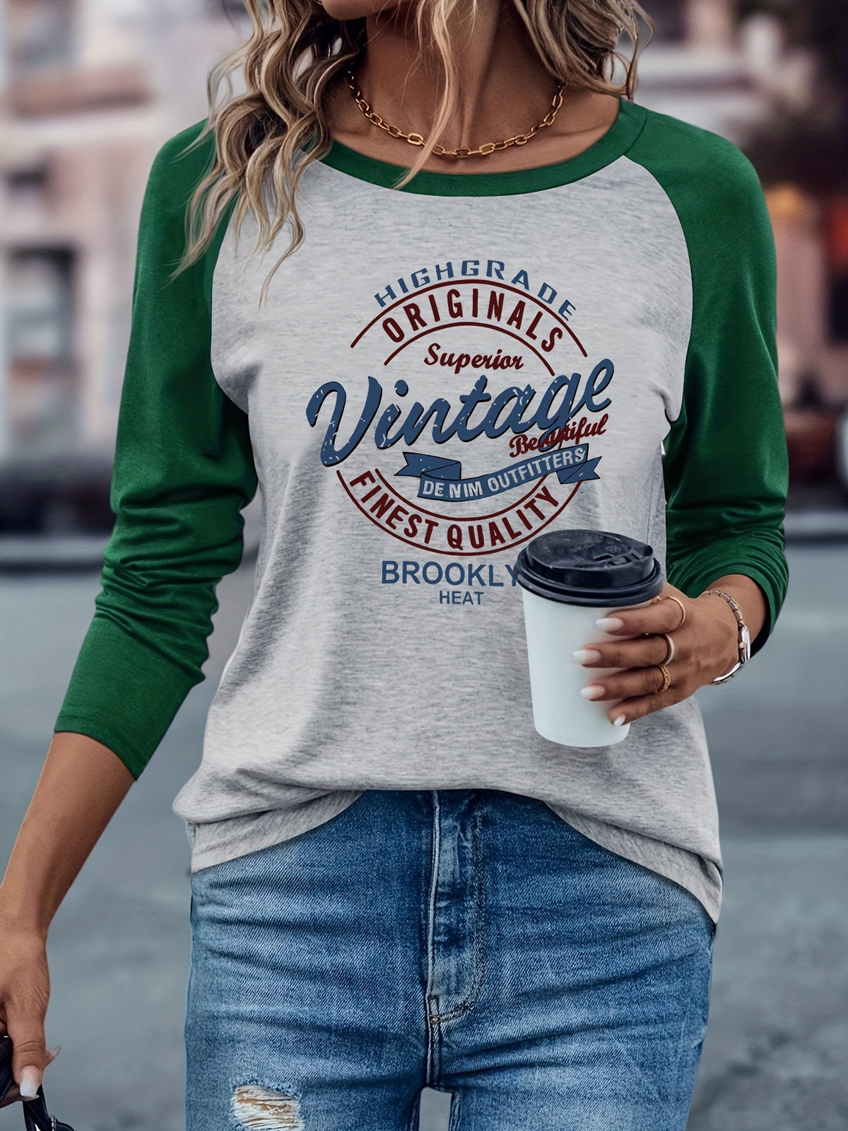 Brooklyn Vintage Pattern Design European and American Style Women's Daily Versatile Comfortable Casual Color-Blocked Crew Neck Raglan Long Sleeve T-Shirt - Light Gray Green