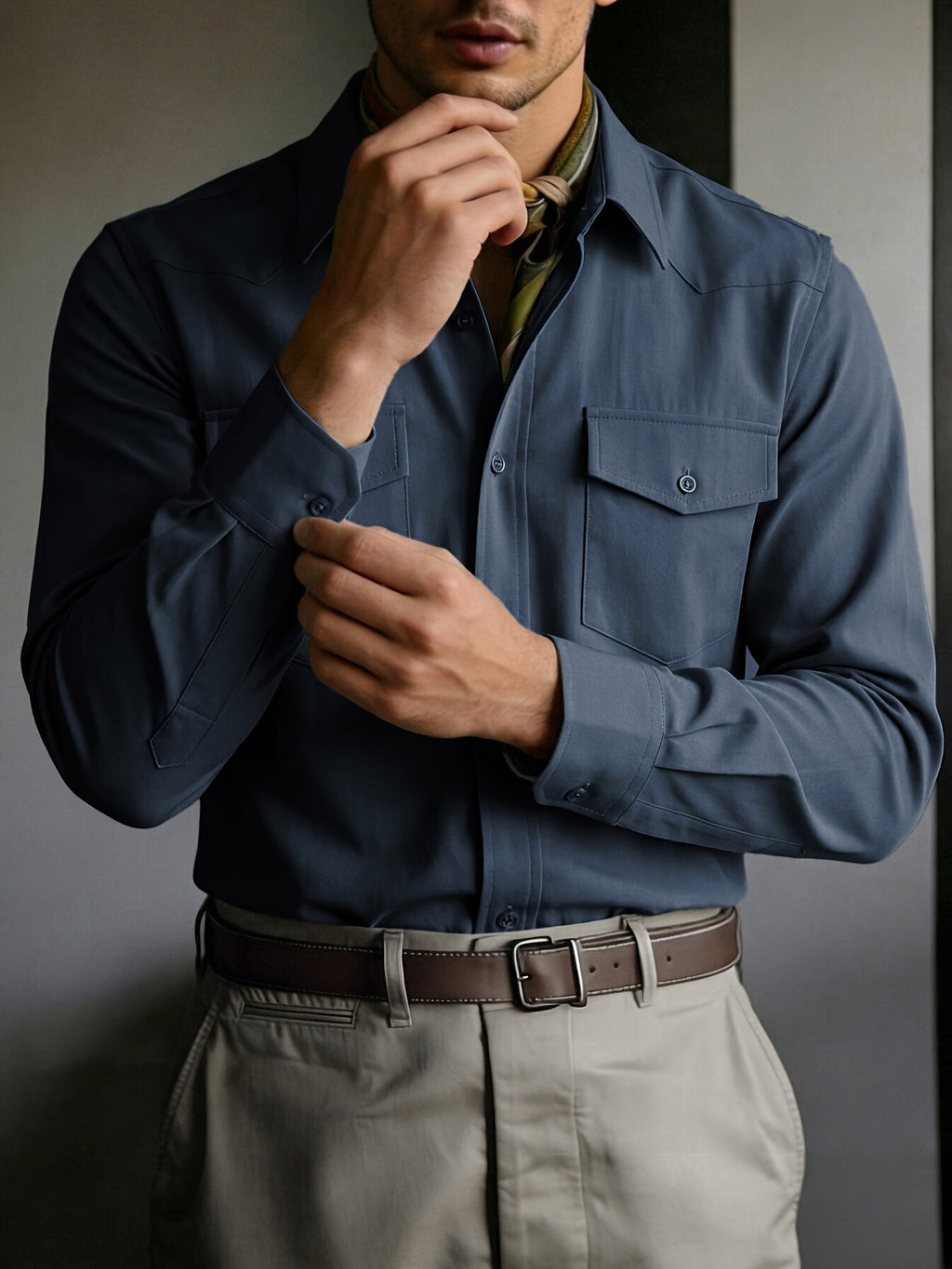 Men's Solid Color Button- Shirt with Double Pocket Collar - Machine Washable Long Sleeve Work Shirt Suitable for Business Casual, Commuting & Office Wear, Button-Front Collar Top for Spring/Autumn Layering (Adult Gift), father's day - Dark Blue