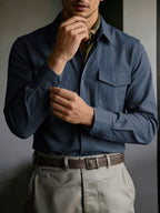 Men's Solid Color Button- Shirt with Double Pocket Collar - Machine Washable Long Sleeve Work Shirt Suitable for Business Casual, Commuting & Office Wear, Button-Front Collar Top for Spring/Autumn Layering (Adult Gift), father's day - Dark Blue
