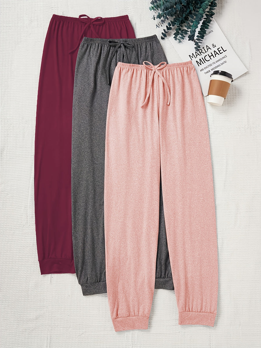 A New Minimalist Three-Color Set of Casual Women'S Pants with a Drawstring Waist, Perfect for Autumn. These Loose-Fitting Solid Home Pants Make a Great Gift - Wine Red Gray Pink Color