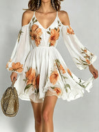Women's Spring/Summer Casual Elegant Vacation Off-Shoulder V-Neck Printed Flared Sleeve Mini Dress ZLLZ - White