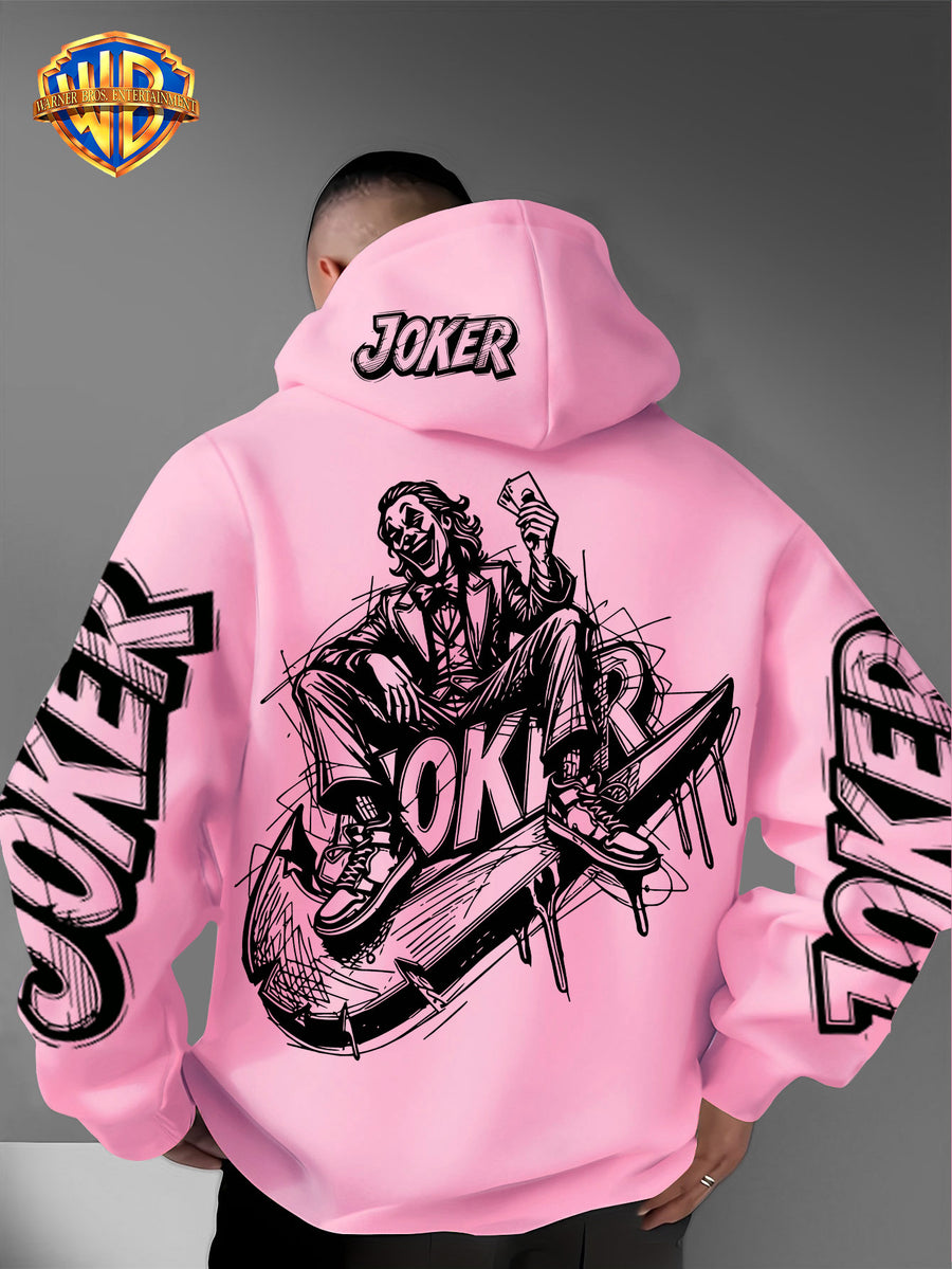 Authorized by Warner Bros., Joker Graffiti Style Print, Hat Design Pattern, Multi-Functional Street Style Men'S Hoodie, Comfortable Casual, Suitable for Autumn And Winter - Pink Color