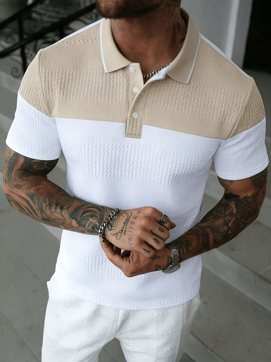 Men'S Casual New POLO Shirt, Soft Textured Fabric, Patchwork Details, Outdoor Casual Business Breathable Short-Sleeve Polo Shirt Golf Shirt - Apricot White