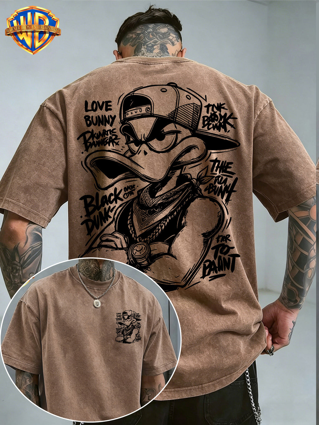 Warner Bros. Official License Hand-Drawn Sketch Print, Street Graffiti Style, American Retro Washed Distressed T-Shirt, Suitable for Daily Commute And Outdoor Wear, Machine Washable, Unisex - Coffee Color