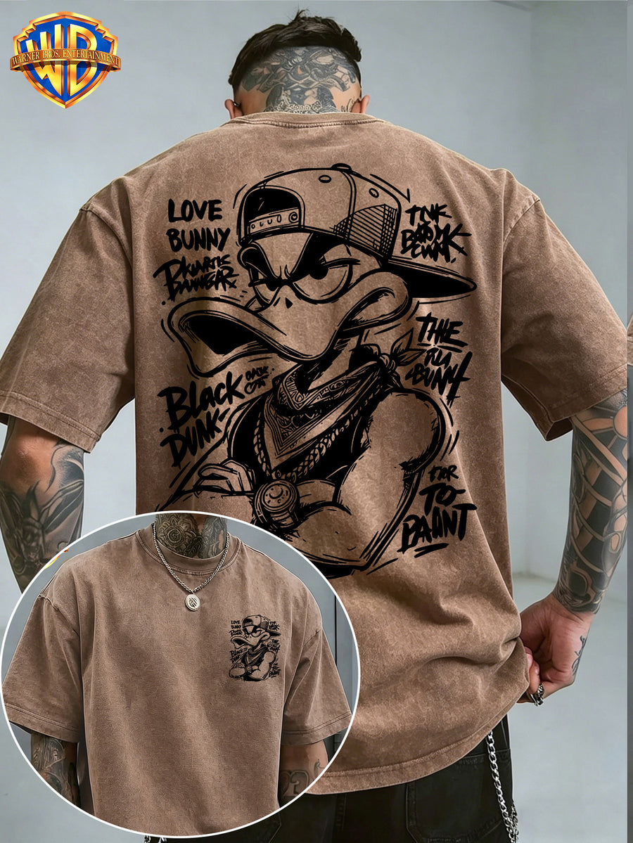 Warner Bros. Official License Hand-Drawn Sketch Print, Street Graffiti Style, American Retro Washed Distressed T-Shirt, Suitable for Daily Commute And Outdoor Wear, Machine Washable, Unisex - Coffee Color