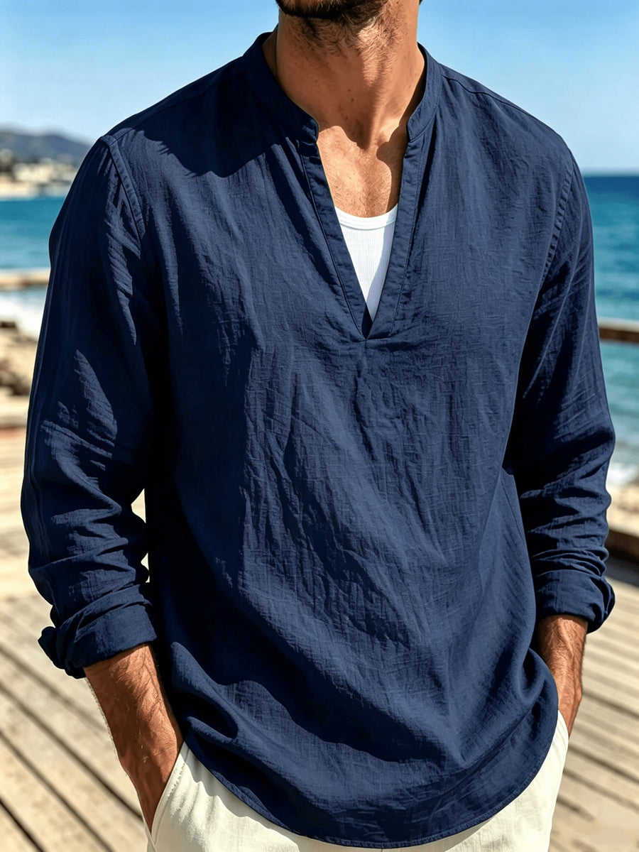 Men's Stand-Up V-Neck Half-Open Placket Linen Long-Sleeve Shirt, Solid Color Basic Style, Suitable for Beach Vacations, Daily Outings, and Casual Gatherings, Can Be Worn Alone or as an Inner Shirt - Navy Color