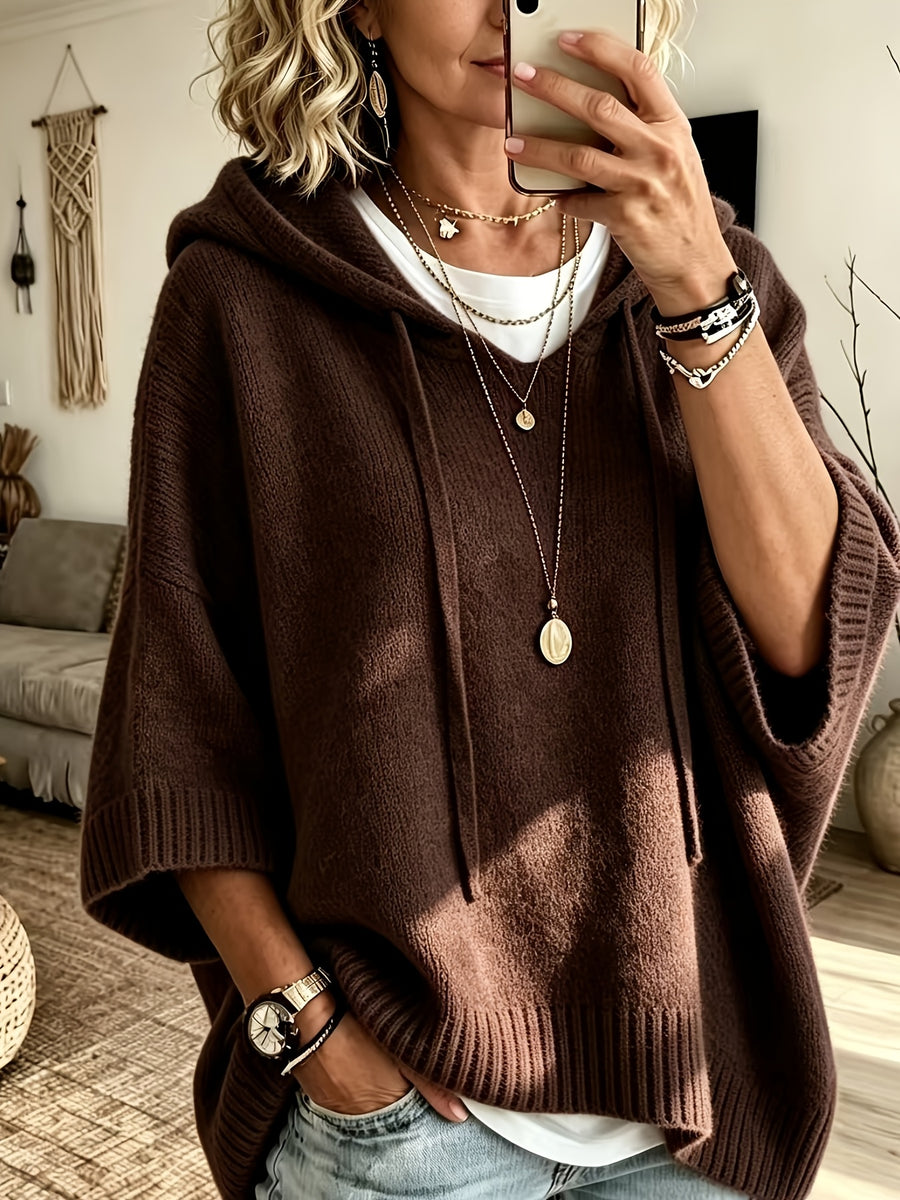Women's Elegant Casual Three-Quarter Sleeve Drawstring Hooded Sweatshirt - Coffee Color