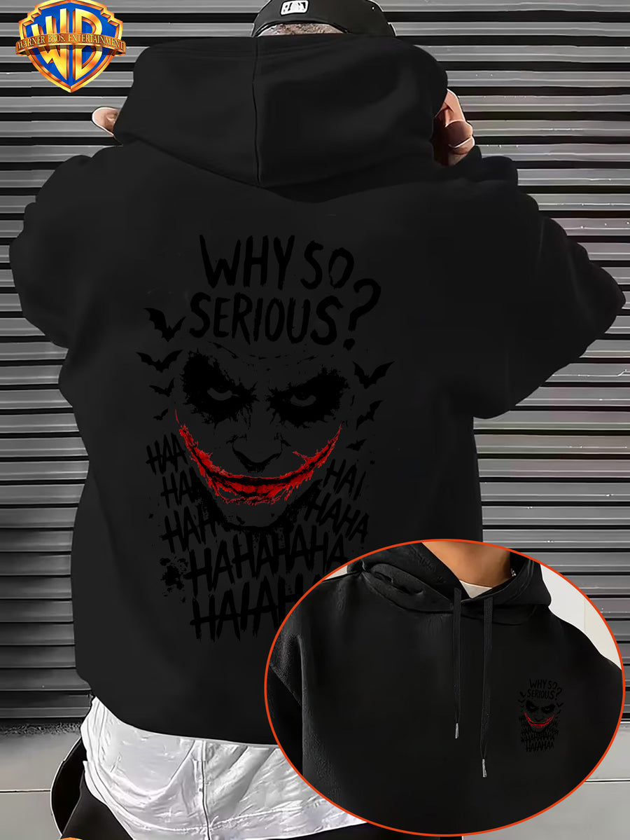 Licensed by Warner Bros., Trendy Cool Dark Distressed Joker Head, Classic Quote Slogan Bat Silhouette Street Retro Graffiti Trendy Cool Print Men'S Fashion Hooded Sweatshirt, Sleeve Print Design, Kangaroo Pocket, Drawstring Hood - Black