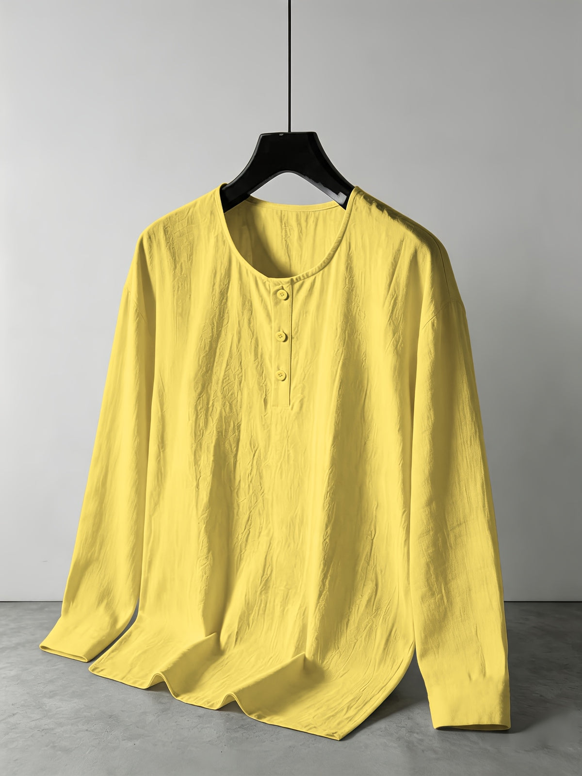 Spring/Summer Lightweight Cotton-Linen Henry Long-Sleeve Shirt for Men, Half-Open Placket Stand Collar Solid Color Top, Soft and Comfortable Casual Shirt for Daily Outings, Autumn Menswear - Yellow