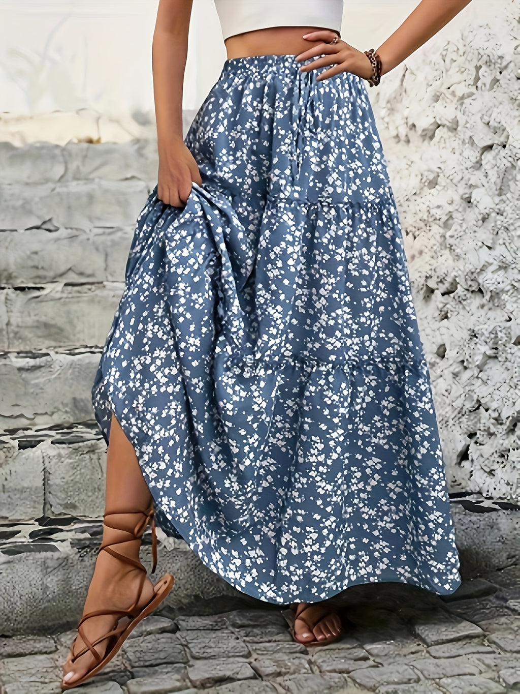 Multi-layer Ruffled Elegant Drawstring Floral Print Spring-summer Three-tier Cake Skirt - Multicolor