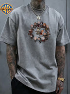 Warner Bros Official Men's Washed Pure Cotton Short-Sleeve T-Shirt, Featuring a Classic The Hobbit and Dwarves Team Anime Print on the Back, and a Circular Group Portrait Design of Characters on the Front Chest. Rich in Detail, It Showcases an Epic - Grey