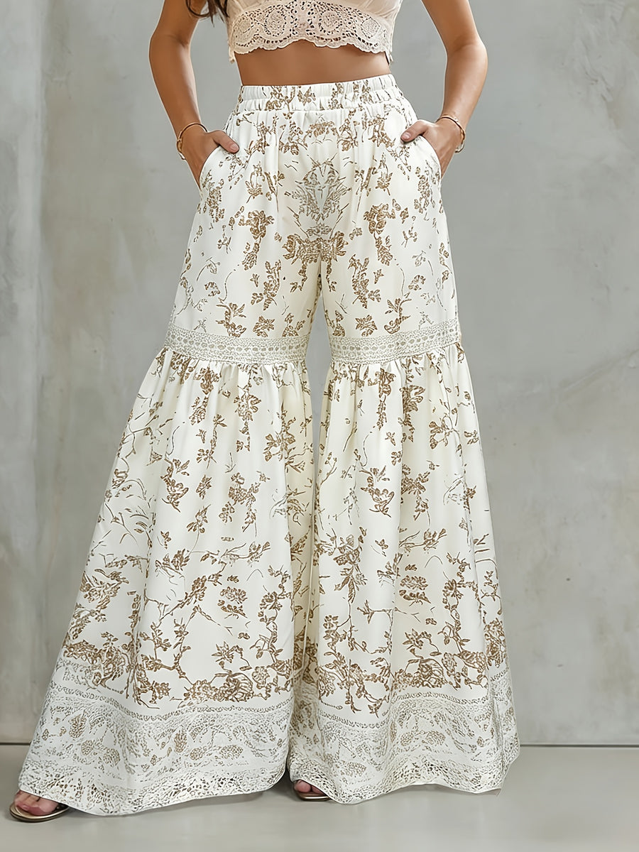 TD0319010 Women's Bohemian Style Printed Wide-Leg Pants, Summer Lightweight High-Waist Elastic Waist Flared Palazzo Pants/Skort - Apricot