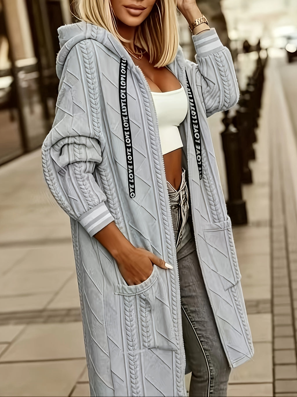 Plus Size, Women'S Long Pocket Hooded Jacket. Zipper, Ruffled Cuffs And Panel Detailing. Fabric - Grey