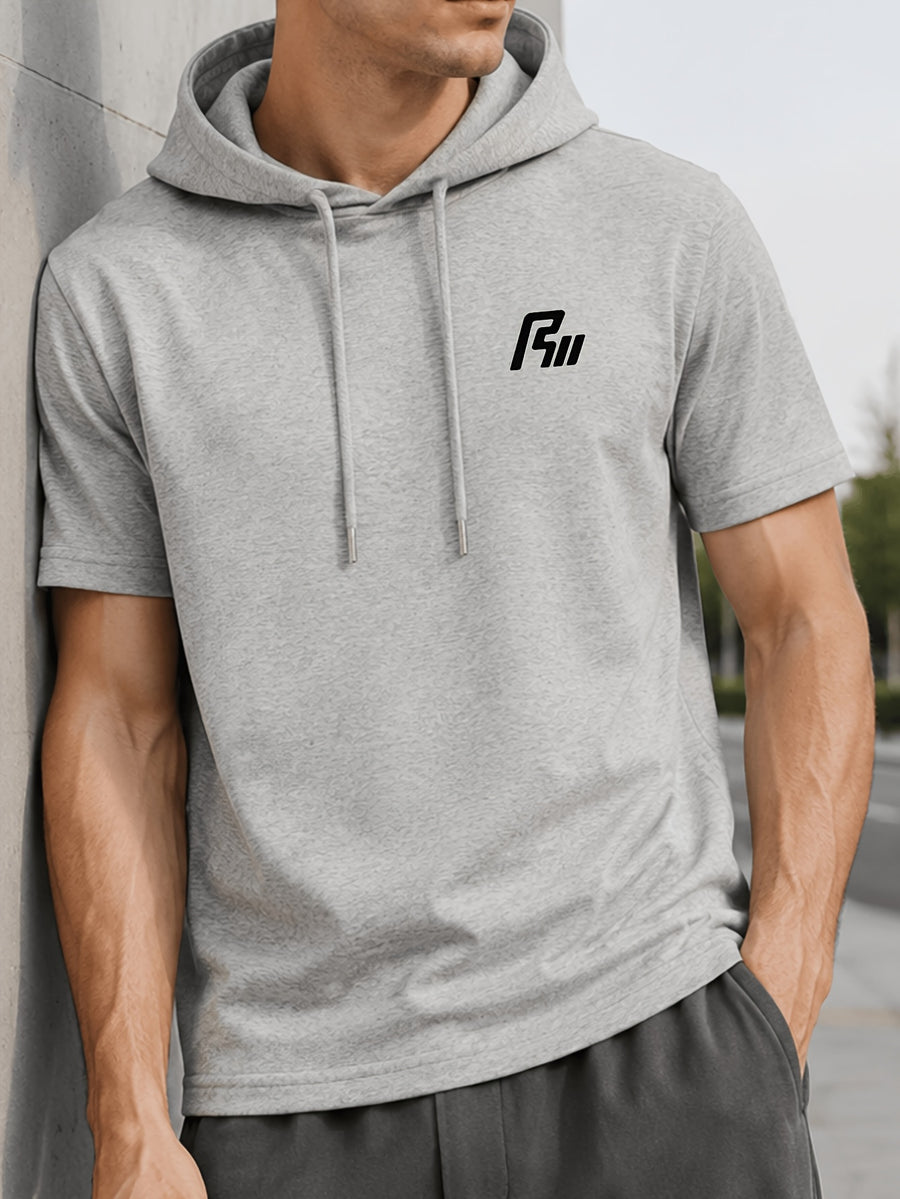 Men'S Summer T-Shirt, Easy Small Logo Print Men'S Hooded Short Sleeve, Soft Comfortable Breathable Versatile Fabric Sports T-Shirt, Loose Slimming Men'S Hoodie Easy Print Top - Grey