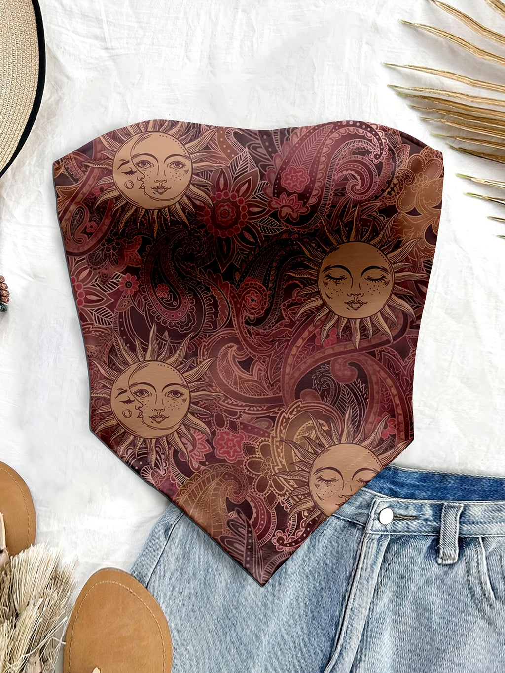 Women'S Spring/Summer New Brand Special Boho Beach Tropical Vacation Outfits | Retro Sun Pattern Print Slim Fit Bustier Crop Tops with Asymmetrical Bandeau Collar - Reddish Brown