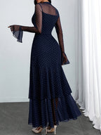Women'S Romantic Sexy Elegant Modern Polka Dot Printed Stand Collar, Waist Double Slit Multi-Layered Skirt Dress, Suitable for Dates, Vacations, And Casual Wear, Belt Not Included - Navy Color