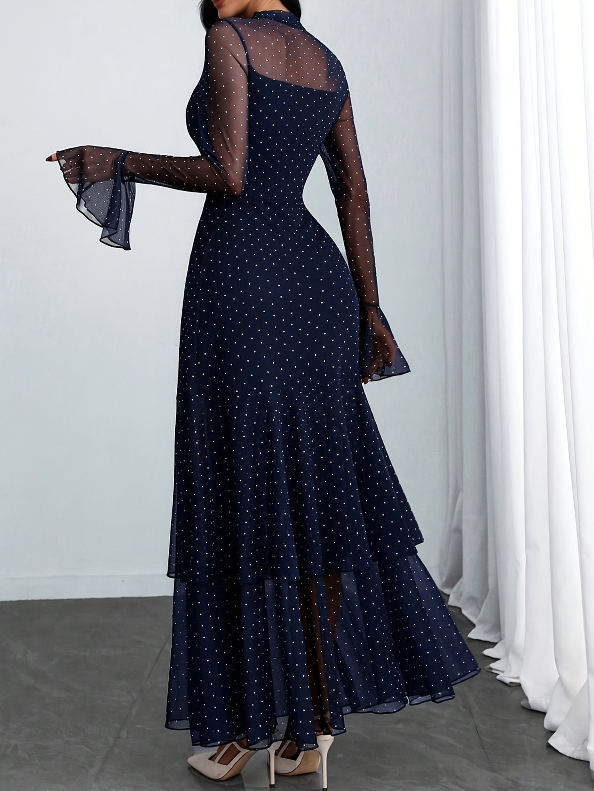 Women'S Romantic Sexy Elegant Modern Polka Dot Printed Stand Collar, Waist Double Slit Multi-Layered Skirt Dress, Suitable for Dates, Vacations, And Casual Wear, Belt Not Included - Navy Color