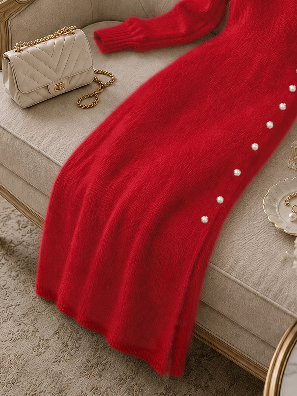 Women's Casual Plush Maxi Dress, V-Neck Long Sleeve Button Front Split Sweater Dress, Versatile for Autumn/Winter Daily Commuting, Soft and Comfortable Fabric, Christmas Style, Suitable for Party Outfits and Banquet Attire - Red