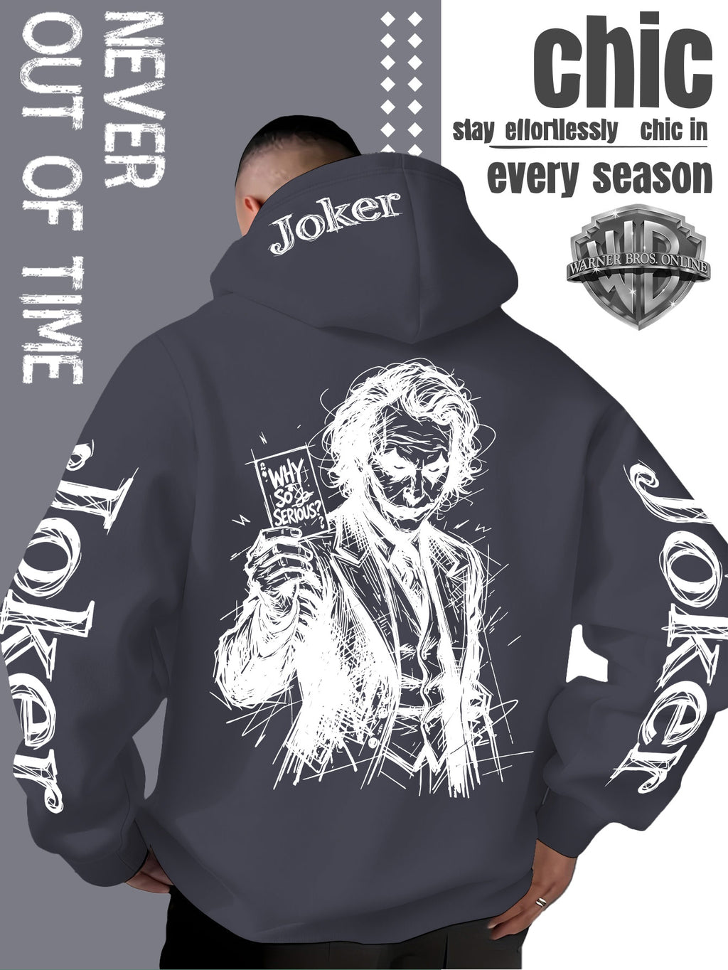 WB Warner Bros. Official Licensed Men's Joker Hooded Sweatshirt - Iconic Joker Portrait Print Hoodie, Soft Pilling-Resistant Fabric, Loose Fit Streetwear Pullover Suitable for Autumn/Winter, Machine Washable for Home, Outings & Joker-Themed Apparel - Dark Gray