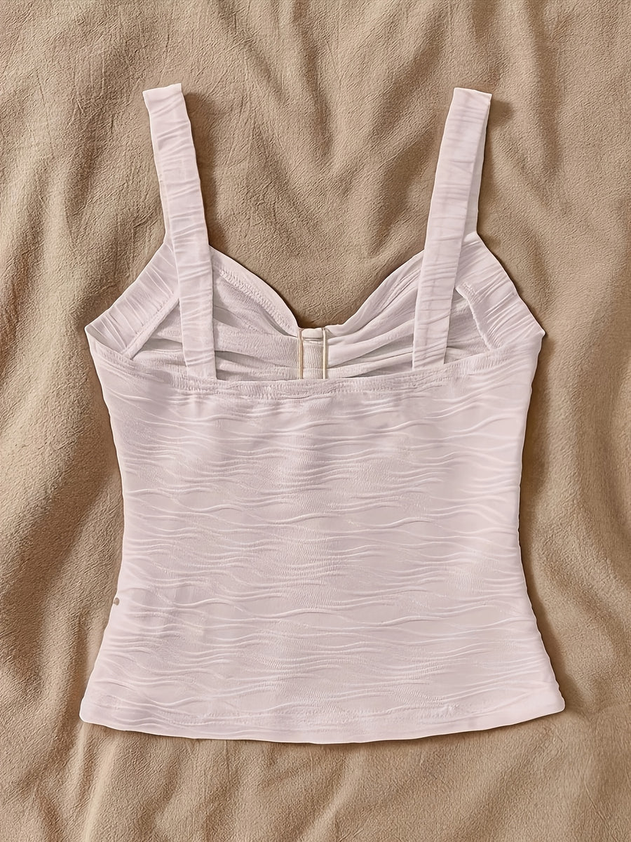 Women'S Pure Innocent Style Wavy Texture Cami Top, Summer New Metallic Floral V-Neck Slim Short Inner Top - Light Pink Color