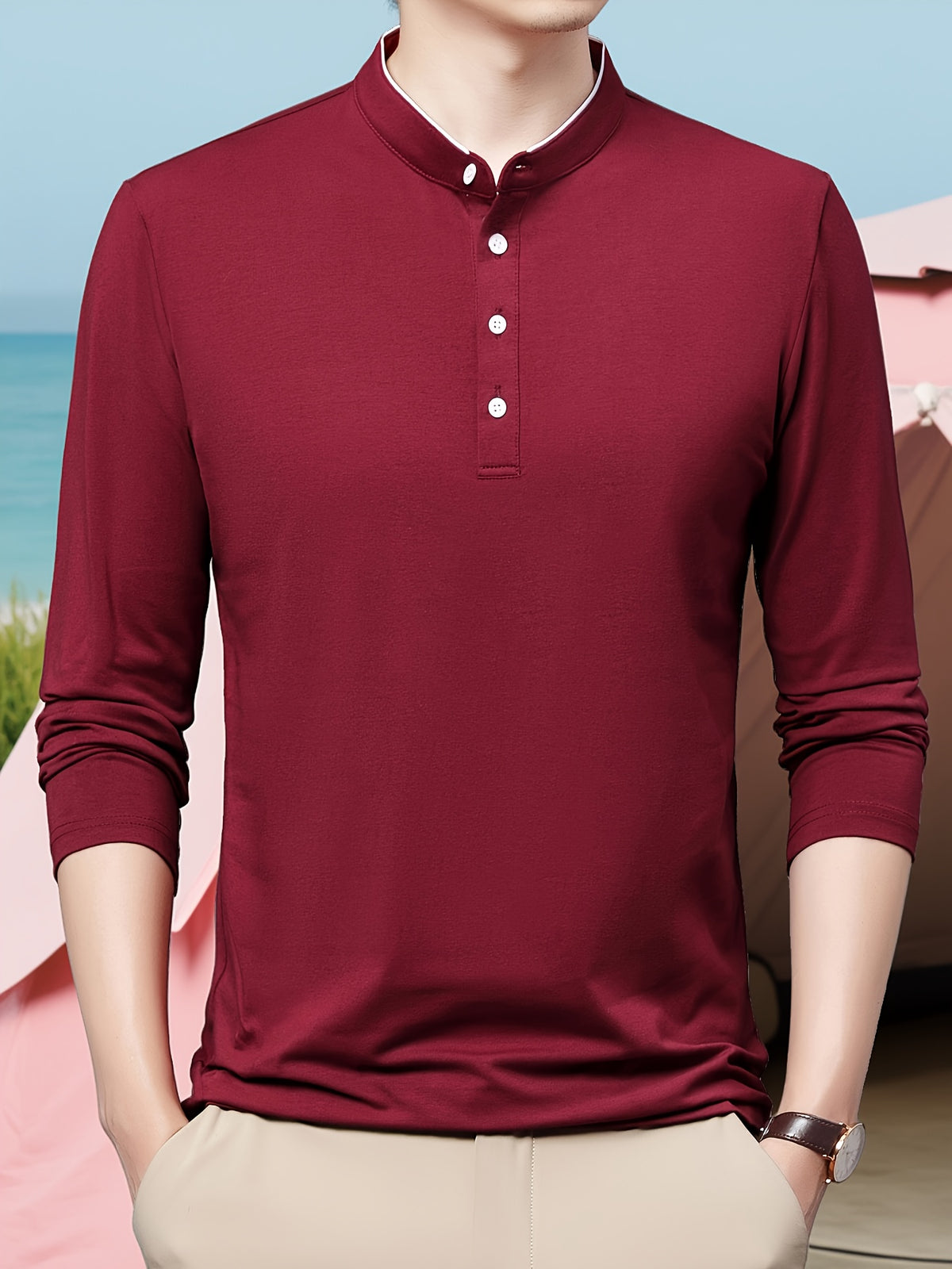 New Spring/Autumn Men's Stand Collar Long Sleeve T-Shirt, Casual Business, Dad's Outfit, Pure Top, Holiday Gift - The color of rouge