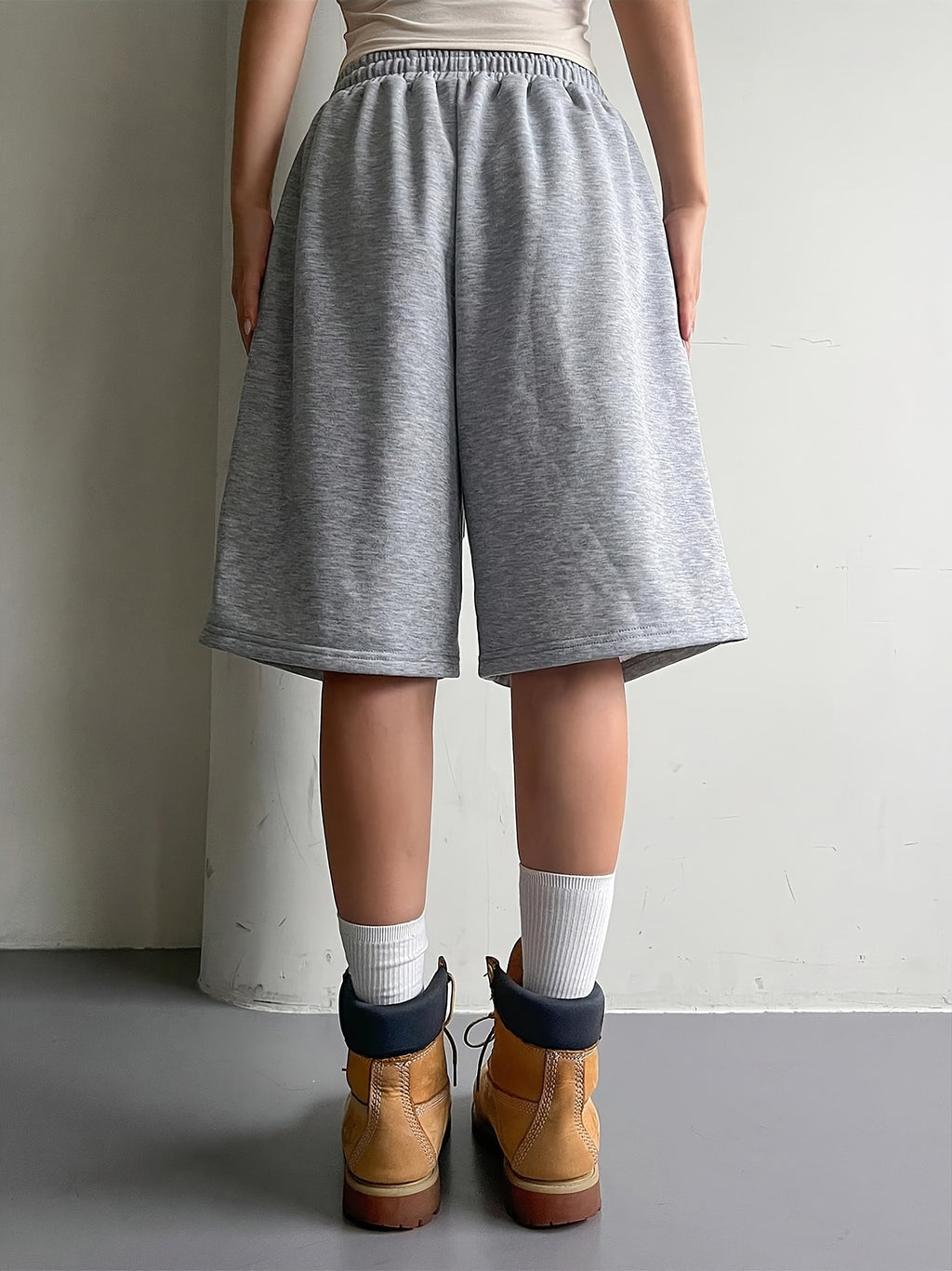 Women'S Elastic Waist Drawstring Tie Loose Bermuda Shorts, Casual Street Style, Women'S Summer - Light Grey