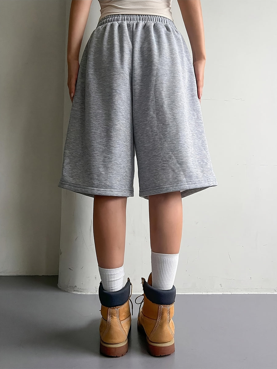 Women'S Elastic Waist Drawstring Tie Loose Bermuda Shorts, Casual Street Style, Women'S Summer - Light Grey