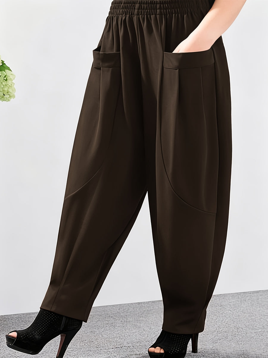 Plus Size - Women'S Plus Size Spring And Autumn New Harem Pants, Slim-Fit Elastic Waist Casual Trousers - Coffee Color