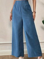 New Women'S High-Waist Wide-Leg Pants, Elastic Waist Straight-Leg Long Trousers, Elegant Wide-Leg Trousers Suitable for Casual And Formal Occasions, Office, And Semi-Formal Wear - Light Blue