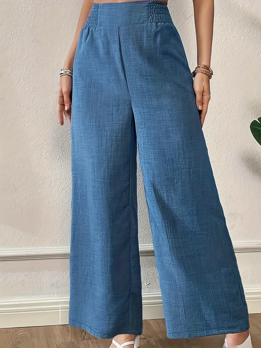 New Women'S High-Waist Wide-Leg Pants, Elastic Waist Straight-Leg Long Trousers, Elegant Wide-Leg Trousers Suitable for Casual And Formal Occasions, Office, And Semi-Formal Wear - Light Blue