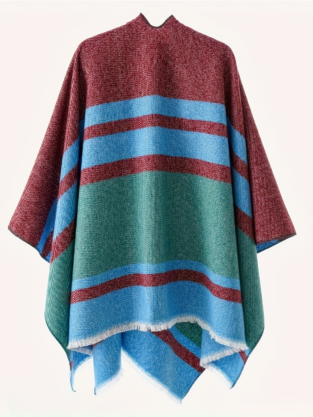 Women's Fashion Classic Striped Color Block Pattern Autumn and Winter Windproof Buttoned Travel Wrap Coat - Vibrant Blue