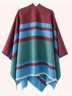 Women's Fashion Classic Striped Color Block Pattern Autumn and Winter Windproof Buttoned Travel Wrap Coat - Vibrant Blue